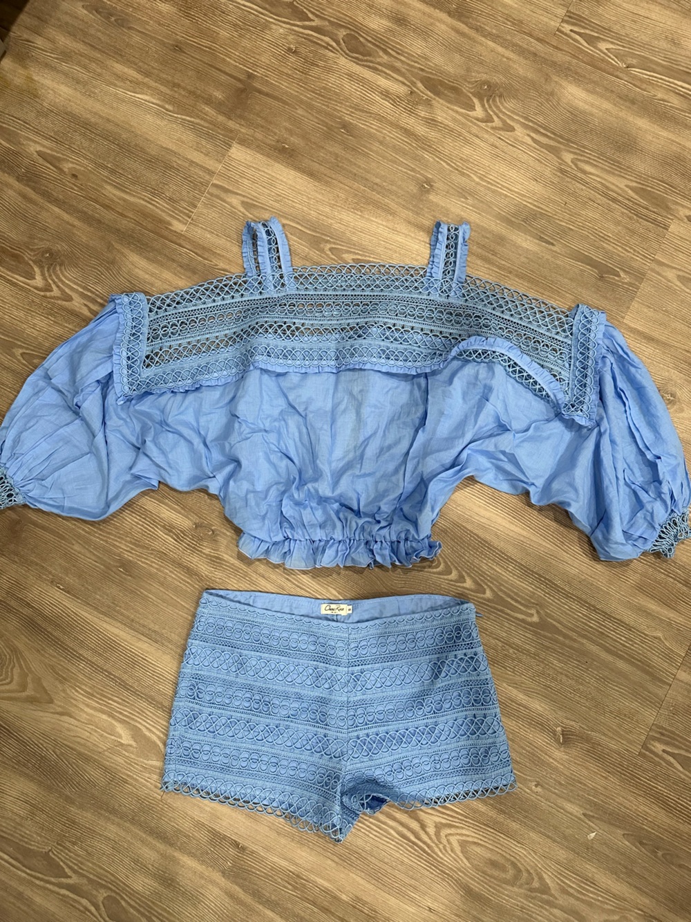 Charter Club Light Blue Lace-Pattern Off-Shoulder Top